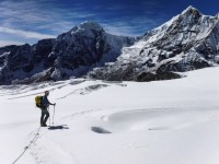 Winding our way past some crevasses on the glacier on Tharpu Chuli